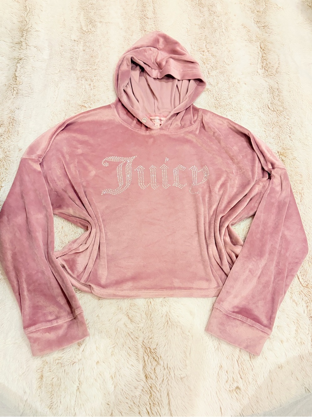 👑 Juicy Couture Velour Rhinestone Cropped Hoodie Y2K Sleep Lounge Sweatshirt